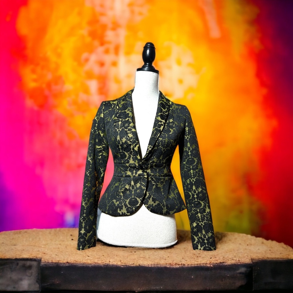 Black and Gold L’Wren Banana Republic Chartreuse Lace Brocade Jacket
